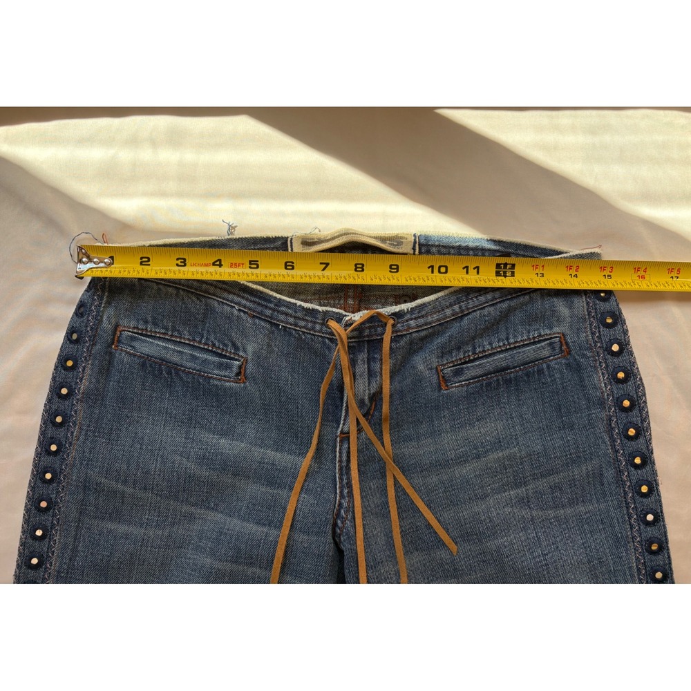 Vintage Y2K Express Flare Jeans Low Rise Grommet Studded Side Stripe Leather Tie - Picture 5 of 7